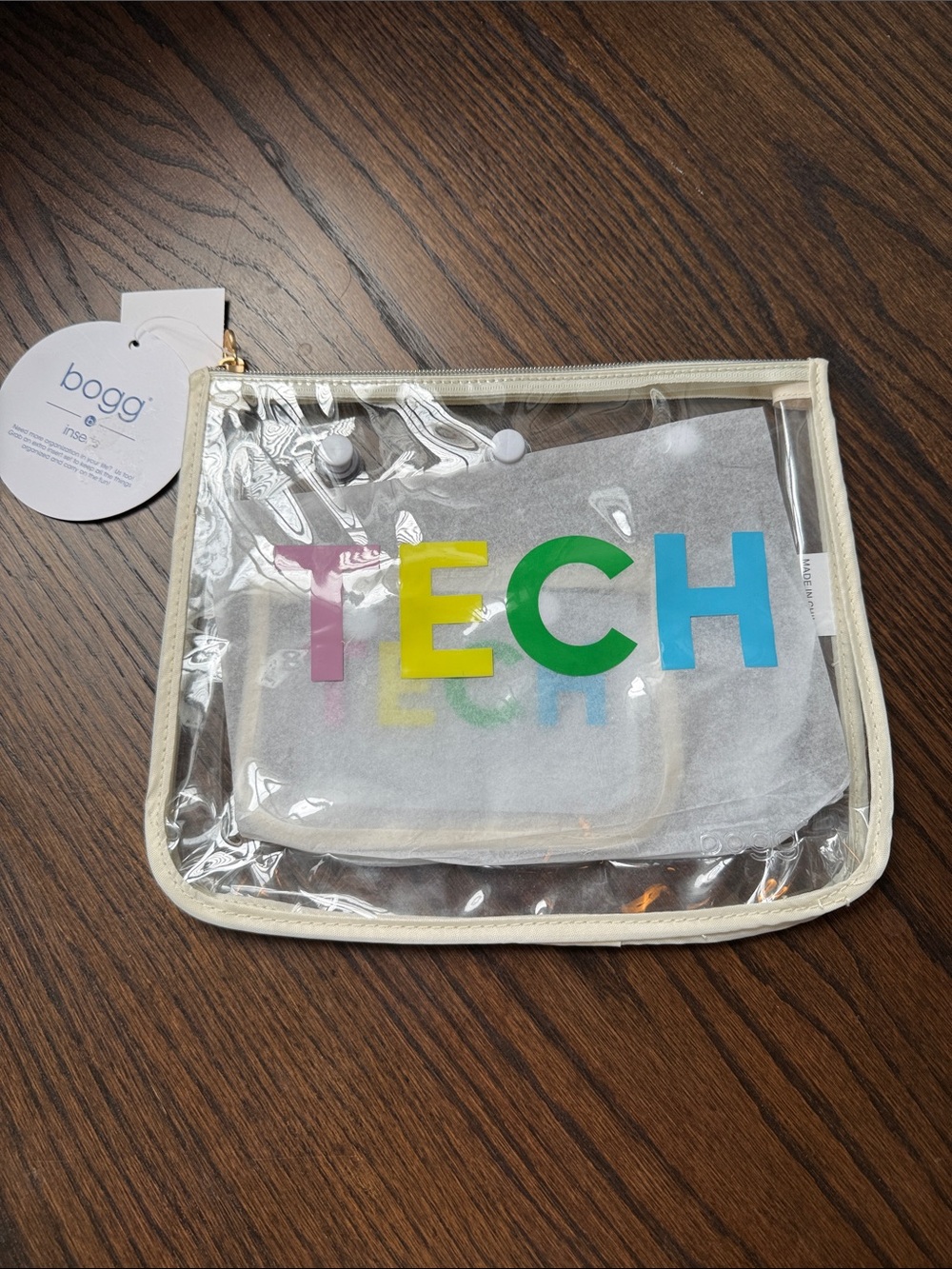 BOGG BAG ( INSERTS)Clear Tech Pouch with Multicolor LETTERING and Cream Trim NWT